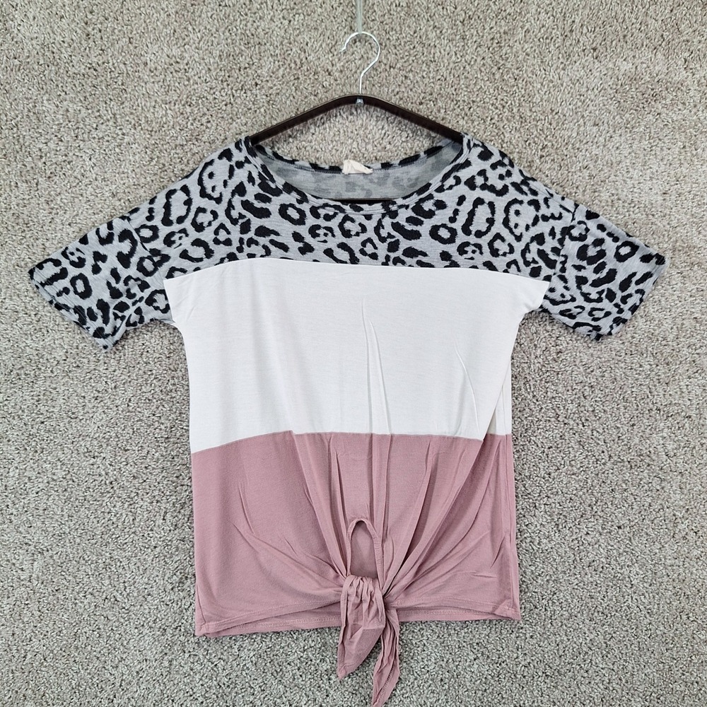 143 Story Top Women S Pink Leopard Colorblock Tie Front Short Sleeve Casual Boho